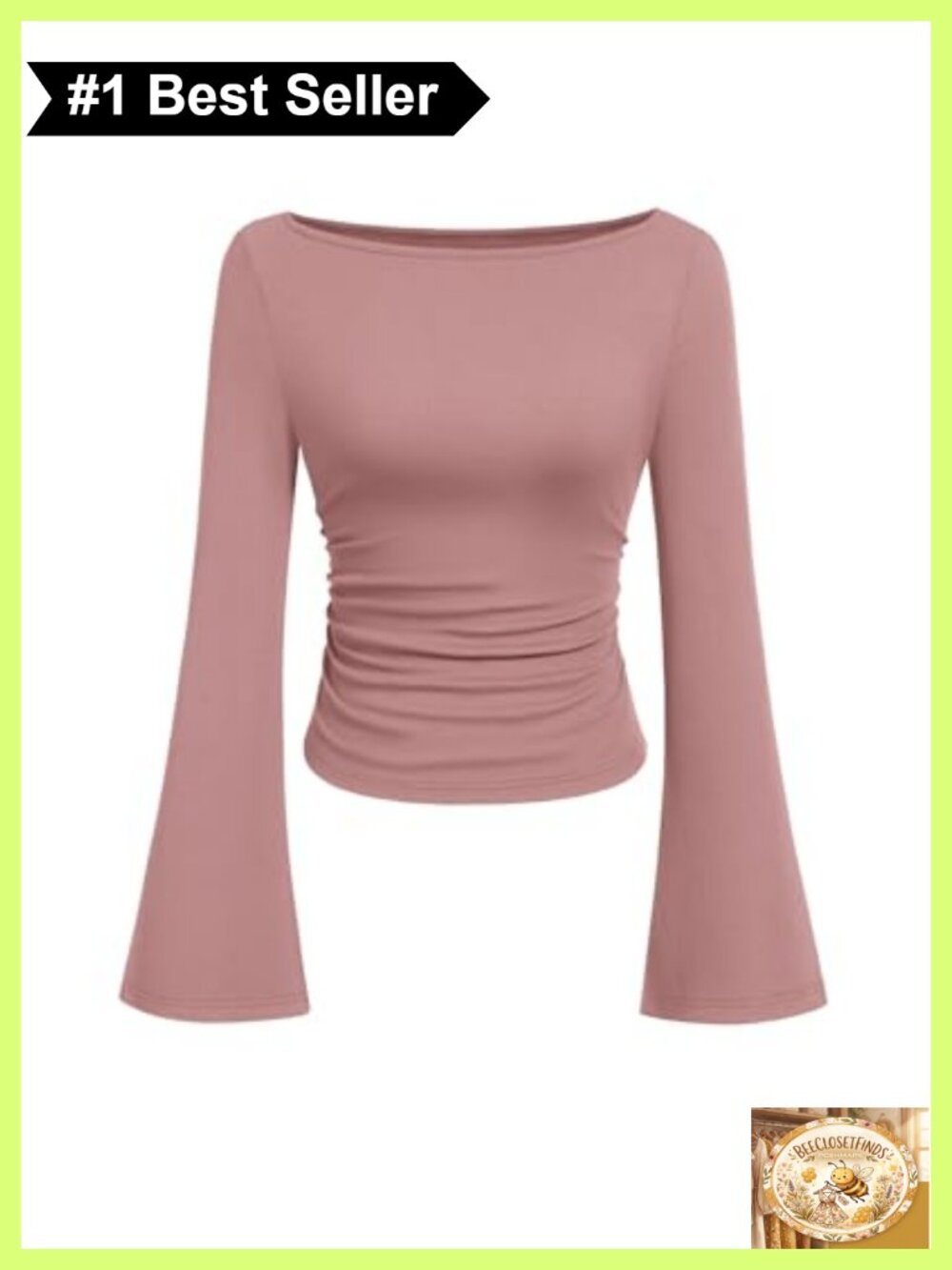 Ribbed Knit Bell Long Sleeve Boat Neck Crop Top